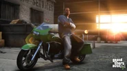 Franklin con su Bagger en una imagen promocional de una fase intermedia de GTA V.