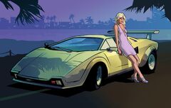 Artwork de Laura en un Infernus amarillo en Grand Theft Auto: Vice City Stories.