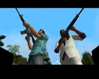 Tommy Vercetti y Lance Vance con unas M4 en Grand Theft Auto: Vice City (Cinemática).