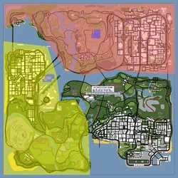 Las zonas restringidas del mapa al inicio del juego. Nótese que Bayside Marina no está incluida en ninguna de ellas.
