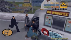 Claude secuestrando el Mr. Whoopee, furgoneta repartidora de helados.