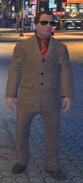 Un delgado con corbata roja y terno oliva.