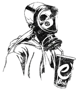 Graffiti de ECola de protesta mostrando un hombre con una máscara de gas bebiendo un vaso de EBola.