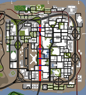 El recorrido que tiene la autopista, marcado en color rojo, en color azul los pasos elevados y en color marrón las zonas cubiertas.