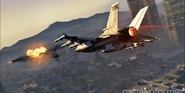 Un P-996 Lazer atacando a unos helicópteros en Grand Theft Auto V.