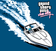 Artwork de un Squalo siendo timoneado por Sonny Forelli, en Grand Theft Auto: Vice City.