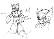 Pose de pie 01.[4] Boceto temprano de Zero dibujado con expresiones faciales y un gran arsenal: un cañón Vulcan en su casco, un gancho en su brazo izquierdo, y un dispositivo de ataque en su pie.