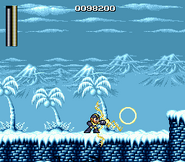 Mega Man utilizando Thunder Beam en "Mega Man: The Wily Wars/Mega Man", Sega Genesis.