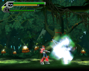 Mega Man X con su Icarus Armor usando el Thunder Dancer (cargado) en "Mega Man X8", PC.