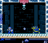 Chill Penguin disparando el Shotgun Ice (normal) en "Mega Man Xtreme", Game Boy Color.