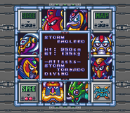 Estadísticas de Storm Eagleed en "Rockman X", Super Famicom.