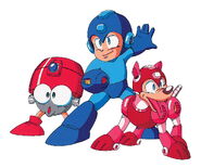 Mega Man acompañado de Eddie y Rush. Arte de "Mega Man 4".