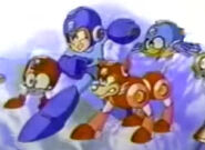 Eddie, Mega Man, Rush y Beat en el comercial de "Rockman 6: Shijou Saidai no Tatakai!!".