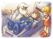 Rock convirtiéndose en el súper robot de batalla, Mega Man. Ilustración de Keiji Inafune.