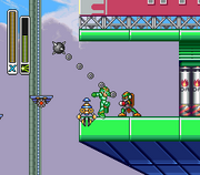 Mega Man X utilizando el disparo cargado de Chameleon Sting en "Mega Man X", SNES.