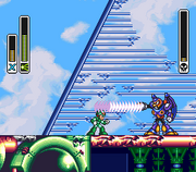 Storm Eagle usando Storm Tornado en "Mega Man X", SNES.