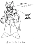 Pose de pie 04.[4] Borrador final, se especifica que debe tener un rostro guapo y una apariencia salvaje, y que debe ser más alto que Mega Man X.