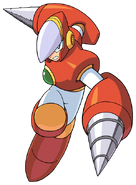 Ilustración de Crash Man en "Rockman Complete Works", por Ryuji Higurashi.