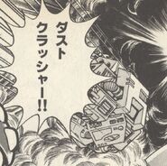 Dust Crusher apuntando al Cossack Catcher en "¡Persigue al Dr. Cossack!" del manga "Rockman 4".