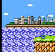 Mega Man visitando Megalopolis y desplegando su Mega Buster al ver que el ganador del Mega Board es Albert W. Wily.