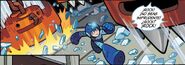Mega Man evitando ser aplastados por unos Press mientras corre por una cinta transportadora en el #11 de Mega Man de Archie Comics.