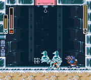 Chill Penguin usando su ataque Estatua de Hielo en "Mega Man X", SNES.