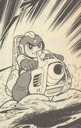 Mega Man navegando por el agua con una Moto Acuática en "El Nombre del Nuevo Enemigo es, ¿¡Blues!?" del manga "Rockman 5".