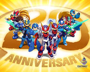 Imagen del 20 Aniversario. De izquierda a derecha son: Zero, Mega Man Volnutt, MegaMan.EXE. Mega Man, Grey, Ashe, Geo Stelar, Vent y Mega Man X.