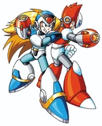 Zero y Mega Man X equipado con sus piezas de armadura. Arte en "Mega Man X".