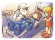 El Dr. Light reconstruyendo a Rock en el robot de batalla, Mega Man - Ilustración por Keiji Inafune.