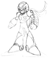 Pose de pie 02.[4] Boceto bastante temprano de Zero dibujado por Keiji Inafune. Carece de su cabellera, y en su lugar hay una bufanda.