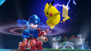 Mega Man saltando sobre el Rush Coil en el escenario Castillo del Dr. Wily en Super Smash Bros. for Wii U.