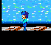 Mega Man equipado con su New Mega Buster se dirige al duelo contra Cossack a bordo de un tren.