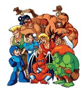 Ilustración de Keiji Inafune para "Club Capcom": Mega Man reunido con los Guerreros Mundiales de Street Fighter II.