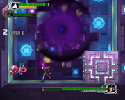 Gravity Antonion usando el Squeeze Bomb (cargado) en "Mega Man X8", PC.