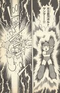 Thunder Beam de 1 millón de voltios fulminando a Ice Man, "¡¡Sobrevive los Continuos Ataques del Ejército de Wily!!" del manga "Rockman".