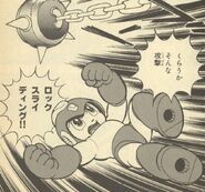 Rock Sliding en "El Nombre del Nuevo Enemigo es, ¿¡Blues!?" del manga "Rockman 5".