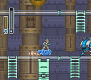 Mega Man X utilizando el disparo cargado de Shotgun Ice en "Mega Man X", SNES.