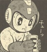 Rockman tomando una lata de energía en "El Secreto del Parque Aéreo" del manga "Rockman 5".