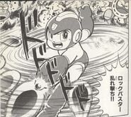 Disparo Giratorio del Mega Buster en "Batalla de Espacio-Tiempo - ¿¡El Enemigo del Futuro es Quién!?" del manga "Rockman World".