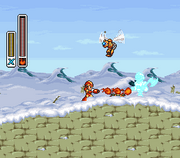 Mega Man X utilizando el Fire Wave (normal) en "Mega Man X1", SNES.