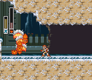 Mega Man X utilizando el Fire Wave (cargado) en "Mega Man X1", SNES.