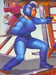 Mega Man en la portada americana de "Mega Man 2", lleva la apariencia de un hombre adulto con una pistola en mano.