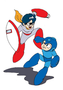 Mega Man luchando contra Proto Man. Arte de "Mega Man 3".