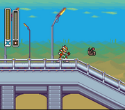 Mega Man X utilizando el Silk Shot (Chatarra - Normal) en "Mega Man X2", SNES.