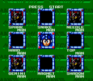 Selección de Escenario durante el evento de Doc Robot K-176, Mega Man: The Wily Wars.