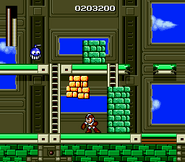 Mega Man utilizando Super Arm en "Mega Man: The Wily Wars/Mega Man", Sega Genesis.