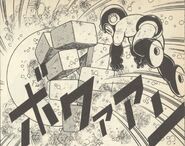 Mega Man usando Super Arma para destruir a CWU-01P en "Arma Final - ¡¡Destruye la Wily Máquina!!" del manga "Rockman".