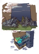 Bocetos tempranos de una ciudad similar a la que se encuentra el Centro de Eliminación.