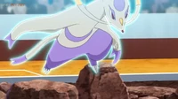 Mienshao usando Acróbata contra el Gengar de Ash.